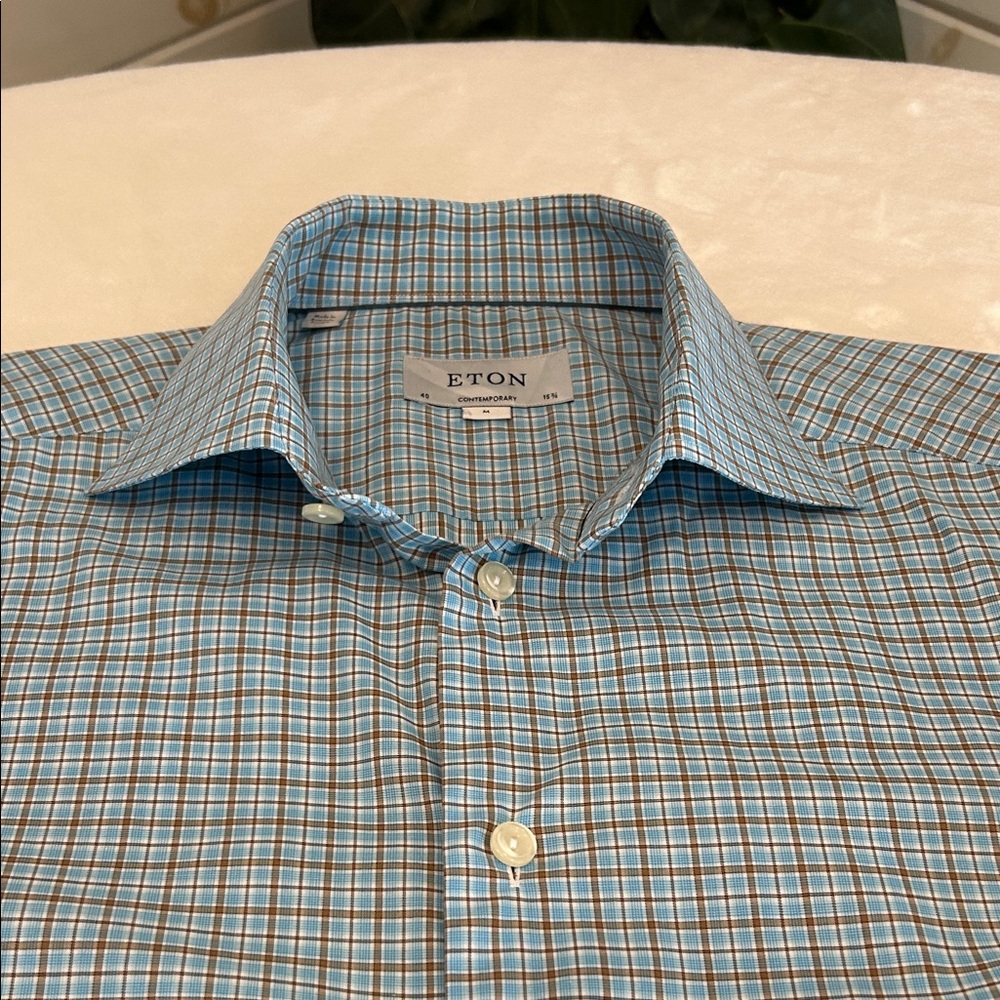 ETON Turquoise White and Brown Heritage Plaid Dress Shirt. Size M.